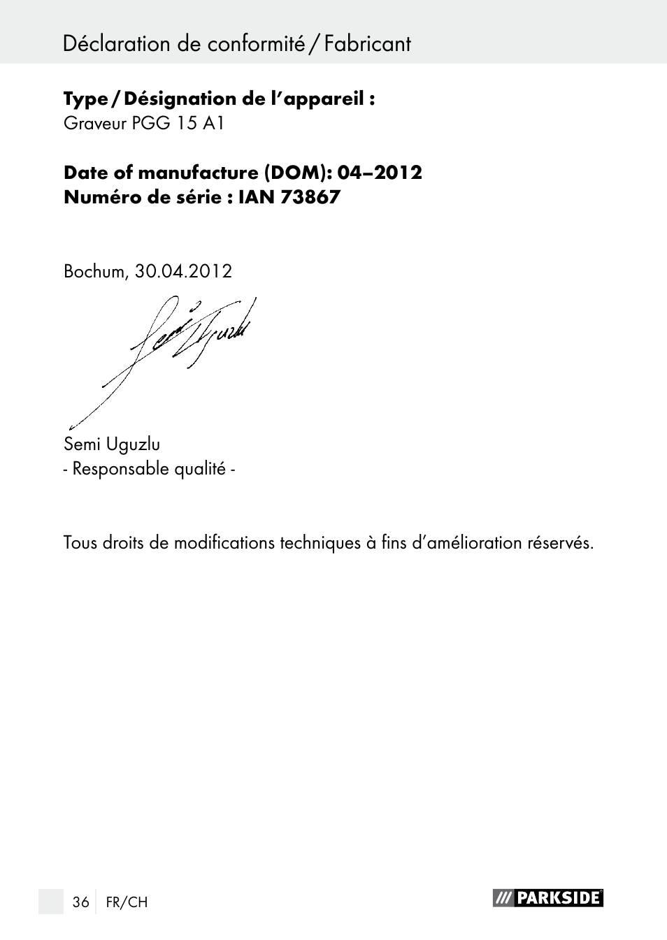 Indice déclaration de conformité / fabricant | Parkside PGG 15 A1 User Manual | Page 36 / 68