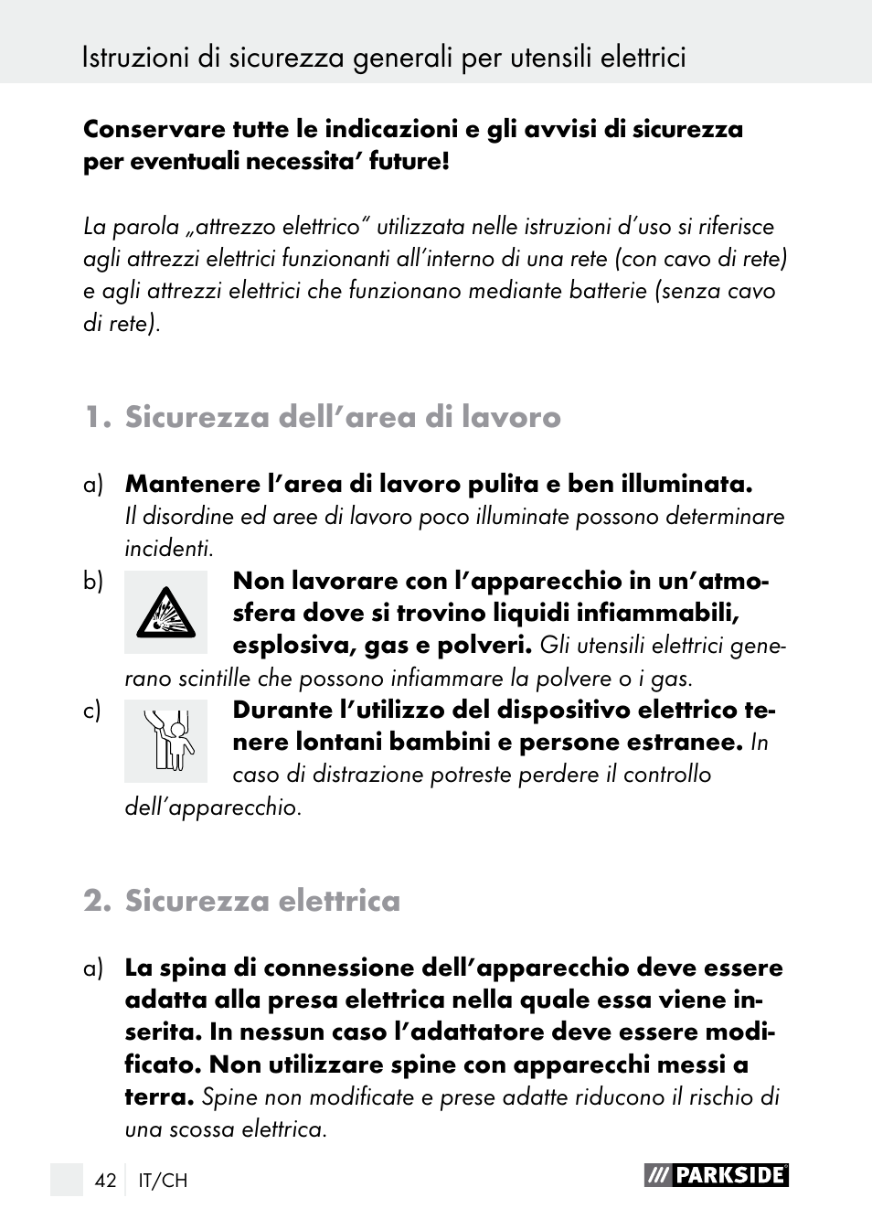 Sicurezza dell’area di lavoro, Sicurezza elettrica | Parkside PGG 15 A1 User Manual | Page 42 / 68