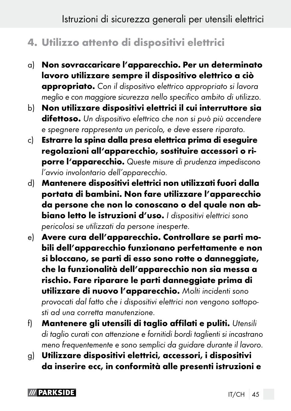 Utilizzo attento di dispositivi elettrici | Parkside PGG 15 A1 User Manual | Page 45 / 68