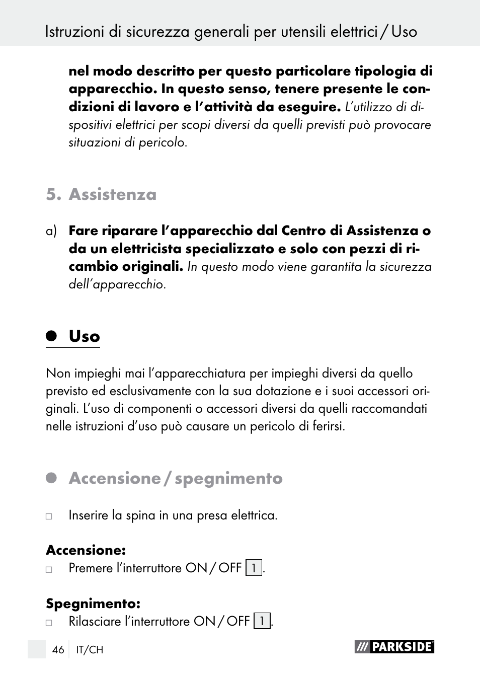 Assistenza, Accensione / spegnimento | Parkside PGG 15 A1 User Manual | Page 46 / 68