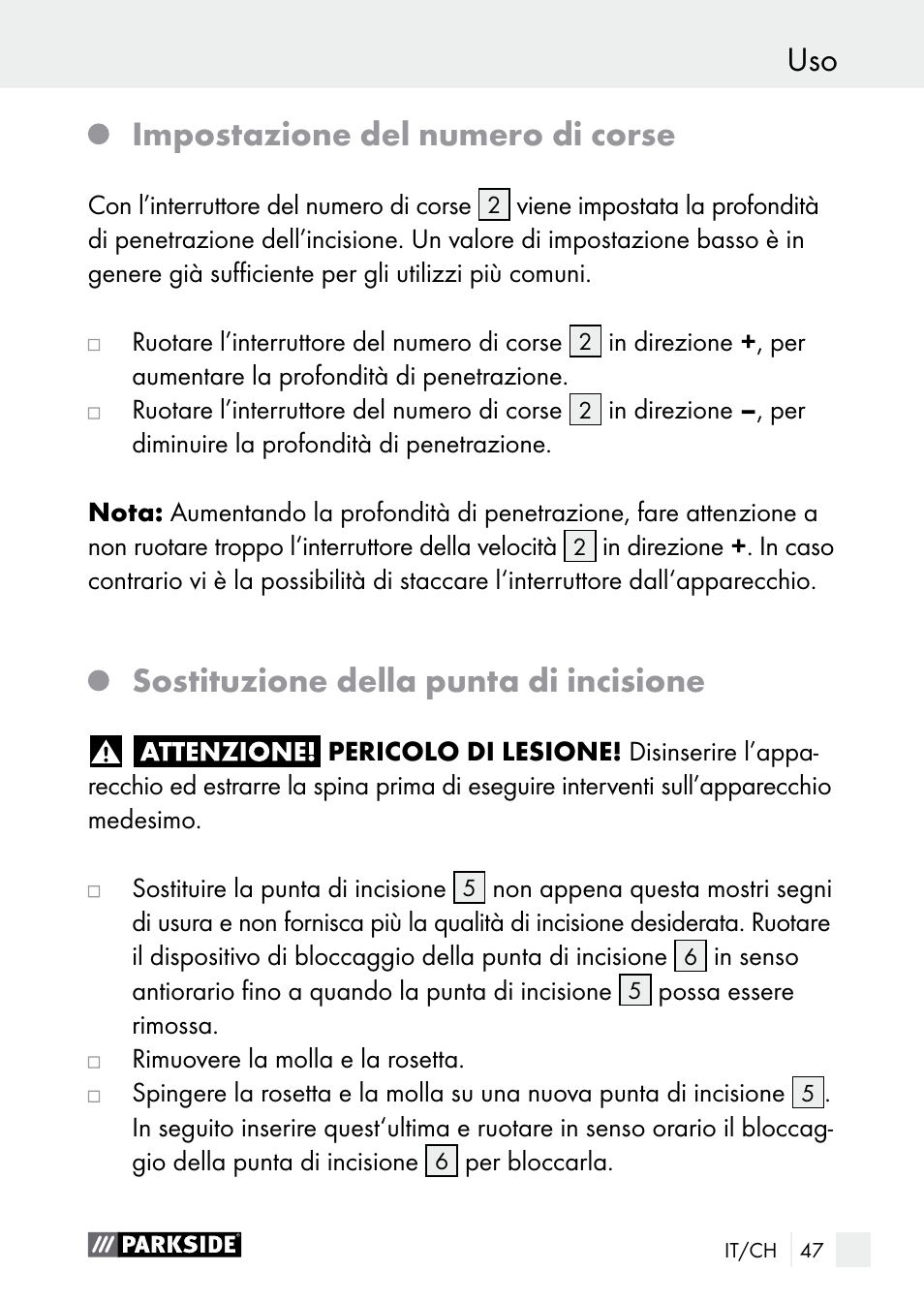 Impostazione del numero di corse, Sostituzione della punta di incisione | Parkside PGG 15 A1 User Manual | Page 47 / 68