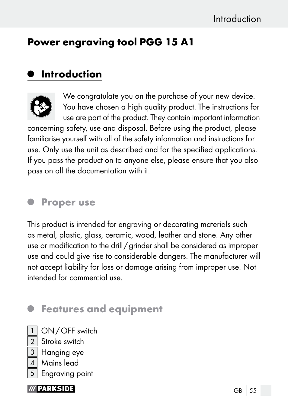Introduction power engraving tool pgg 15 a1, Introduction, Proper use | Features and equipment | Parkside PGG 15 A1 User Manual | Page 55 / 68