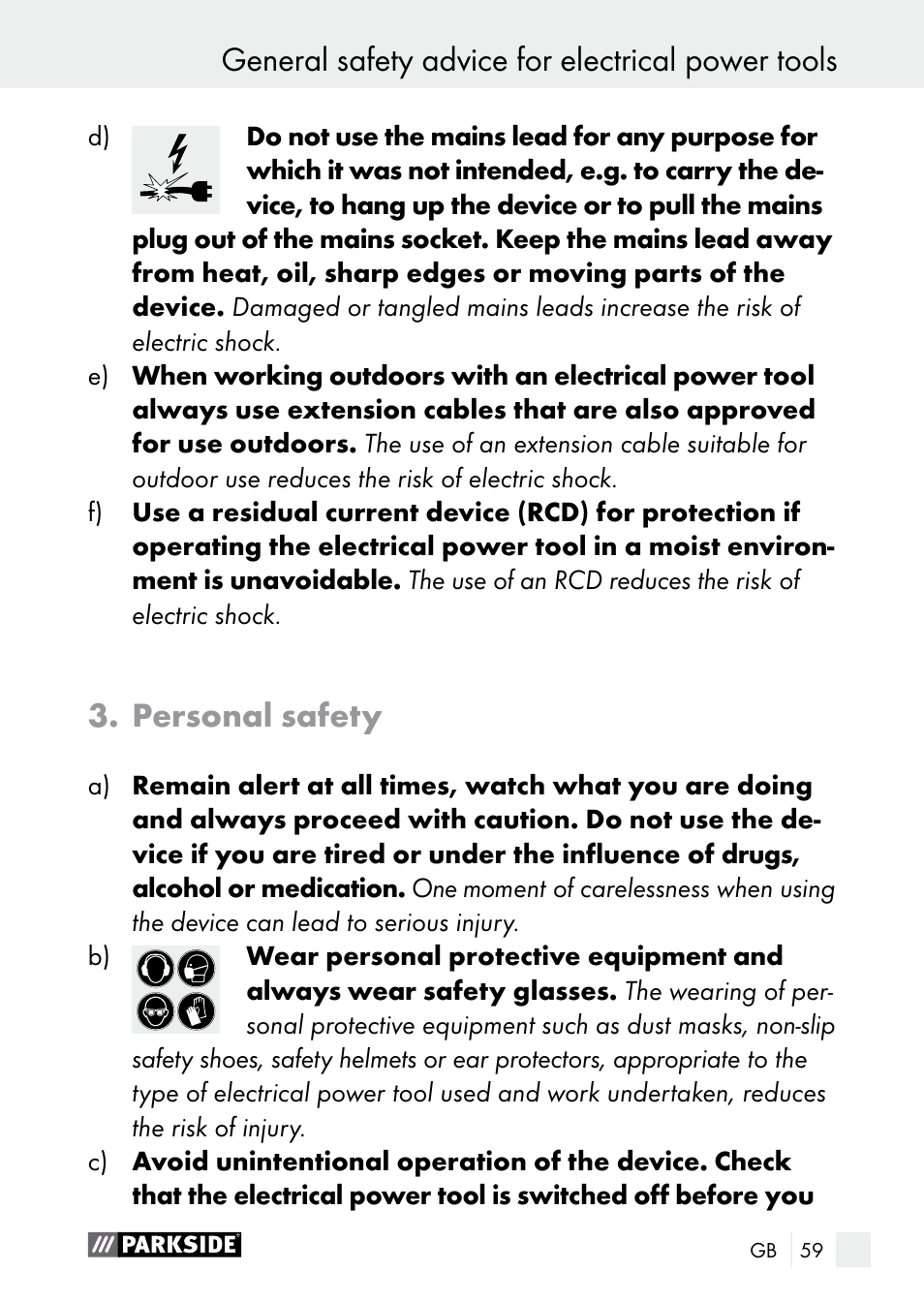 General safety advice for electrical power tools, Personal safety | Parkside PGG 15 A1 User Manual | Page 59 / 68