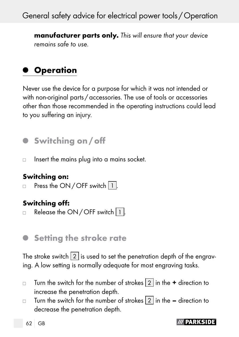 Operation, Switching on / off, Setting the stroke rate | Parkside PGG 15 A1 User Manual | Page 62 / 68