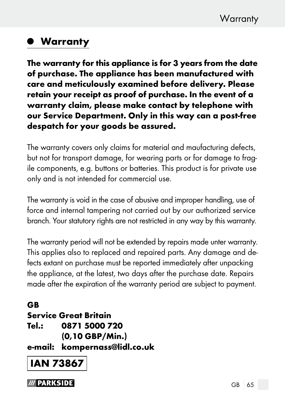 Warranty | Parkside PGG 15 A1 User Manual | Page 65 / 68