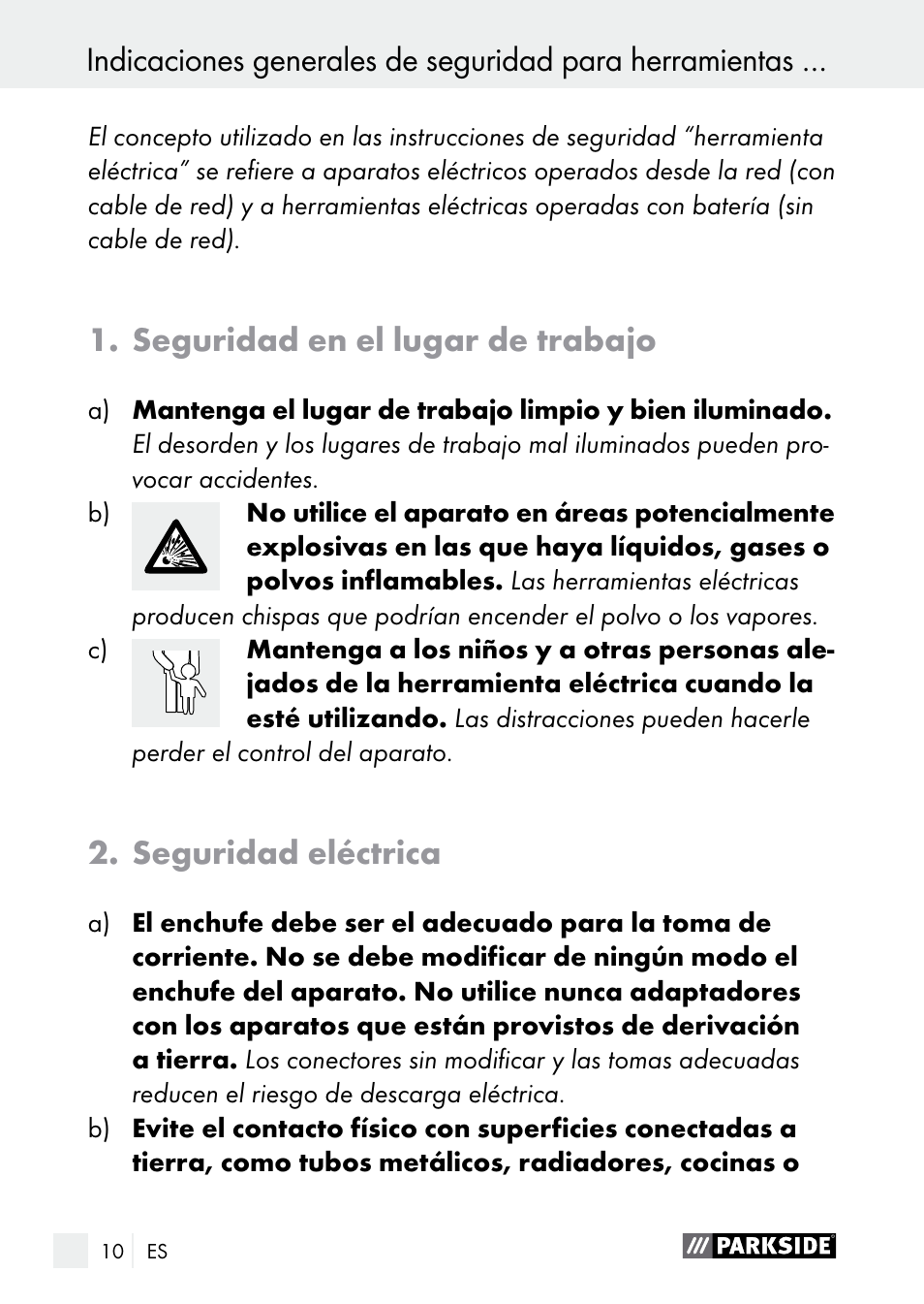 Seguridad en el lugar de trabajo, Seguridad eléctrica | Parkside PGG 15 A1 User Manual | Page 10 / 69