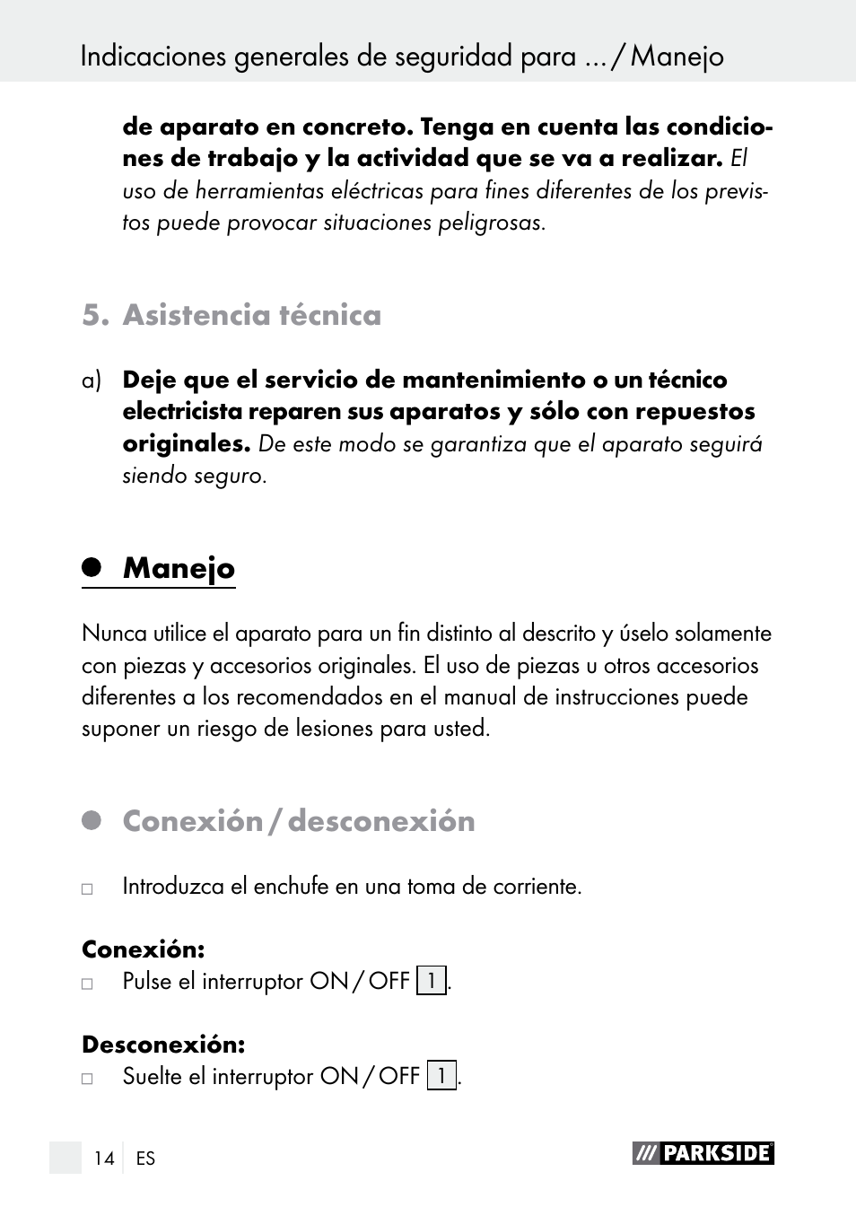 Asistencia técnica, Manejo, Conexión / desconexión | Parkside PGG 15 A1 User Manual | Page 14 / 69