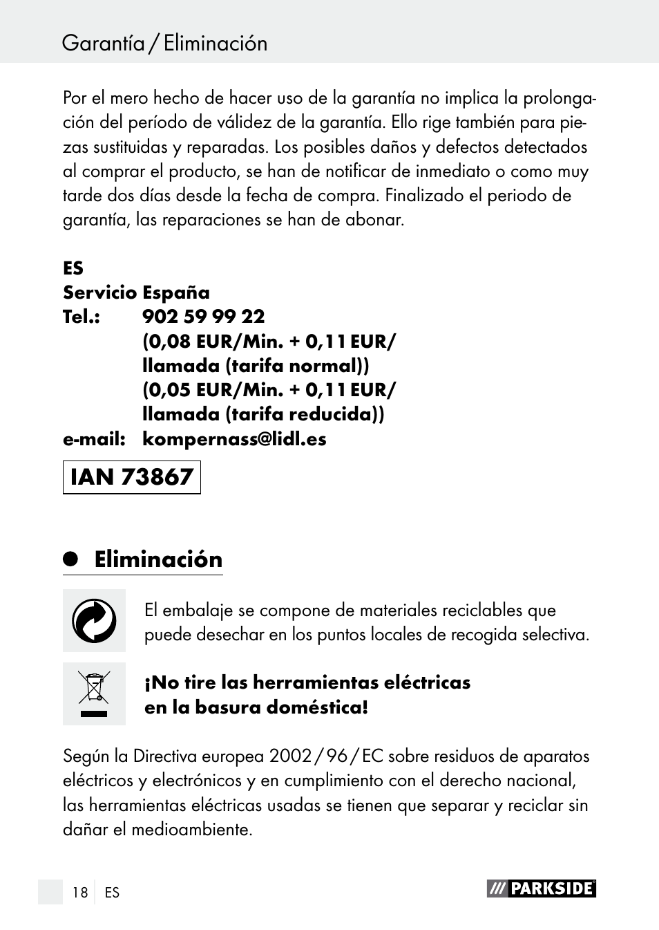 Eliminación | Parkside PGG 15 A1 User Manual | Page 18 / 69