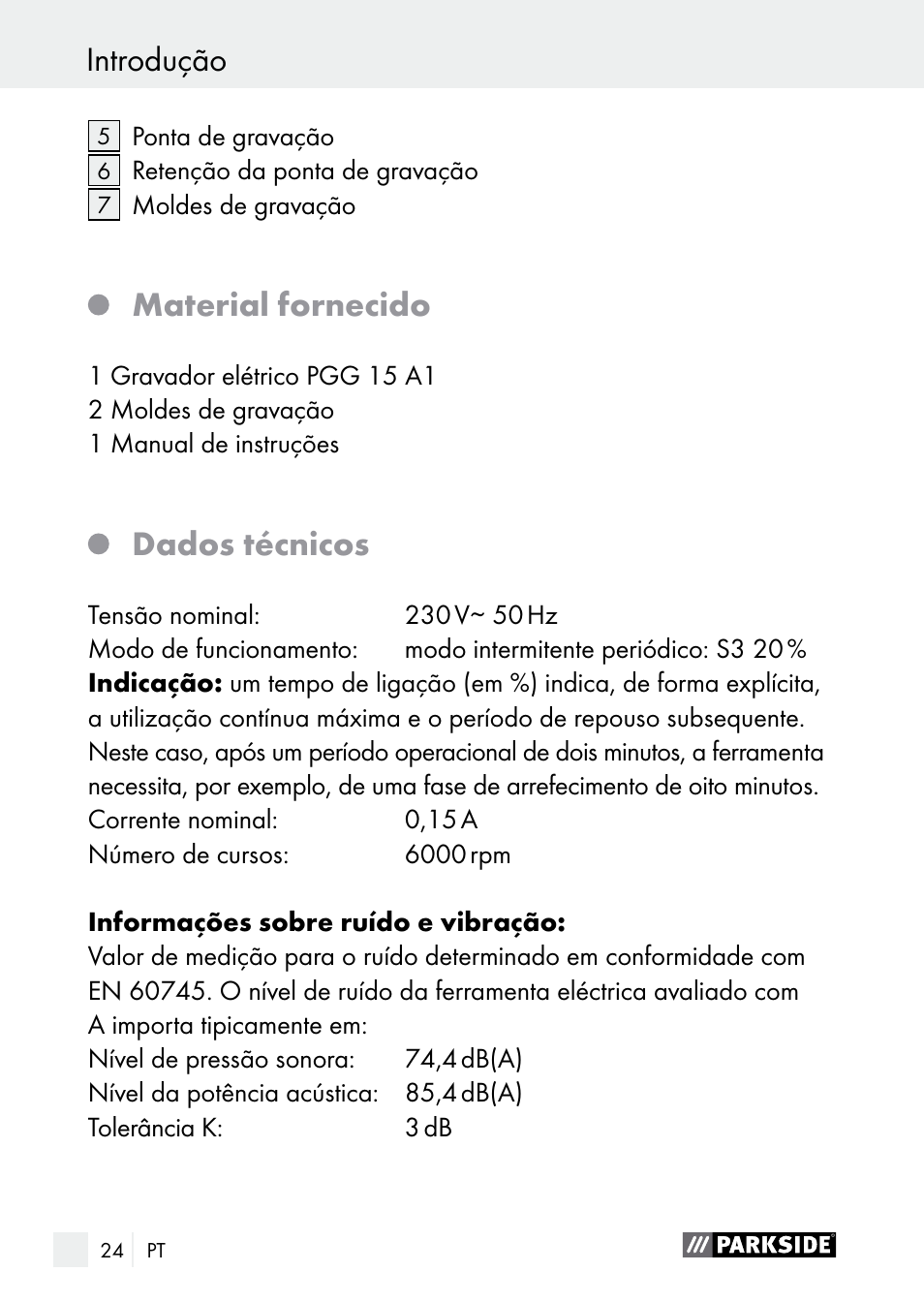 Material fornecido, Dados técnicos | Parkside PGG 15 A1 User Manual | Page 24 / 69