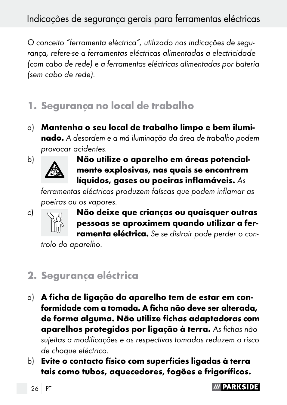 Segurança no local de trabalho, Segurança eléctrica | Parkside PGG 15 A1 User Manual | Page 26 / 69