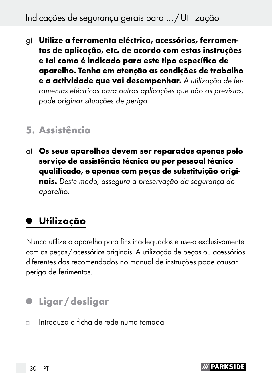 Assistência, Utilização, Ligar / desligar | Parkside PGG 15 A1 User Manual | Page 30 / 69