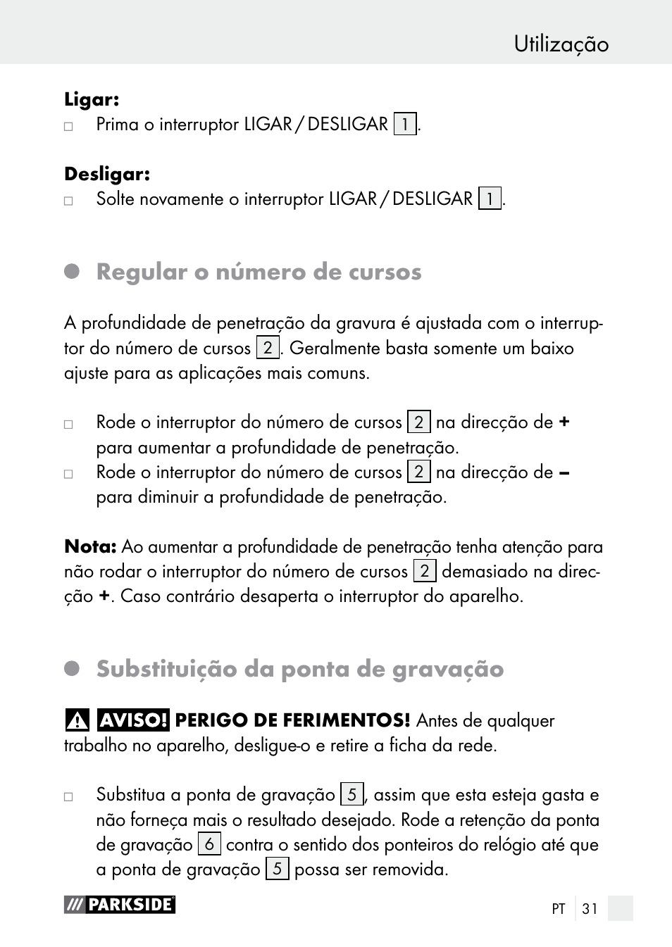 Regular o número de cursos, Substituição da ponta de gravação | Parkside PGG 15 A1 User Manual | Page 31 / 69