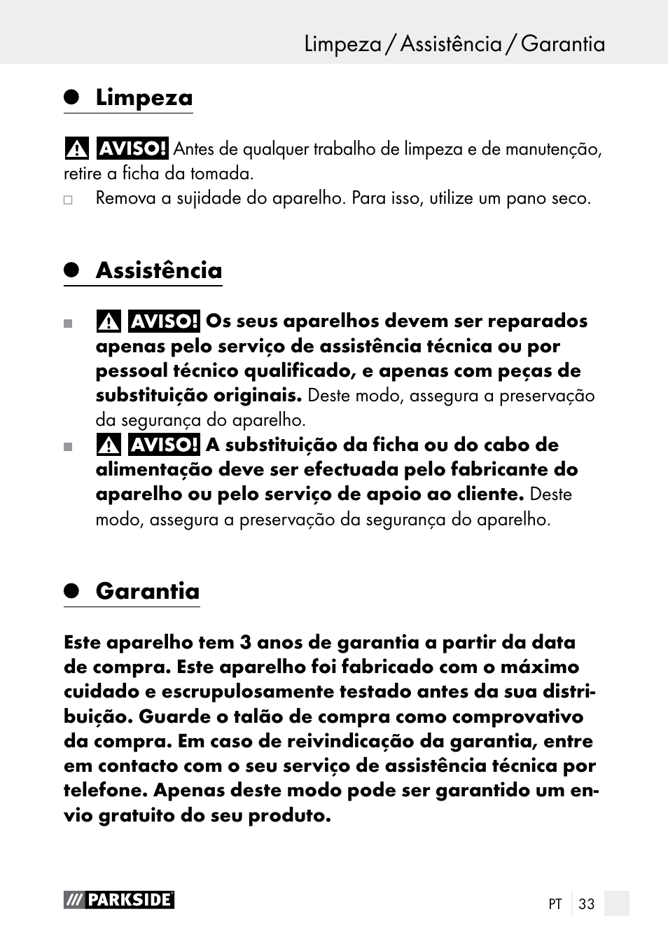 Limpeza / assistência / garantia utilização, Limpeza, Assistência | Garantia | Parkside PGG 15 A1 User Manual | Page 33 / 69