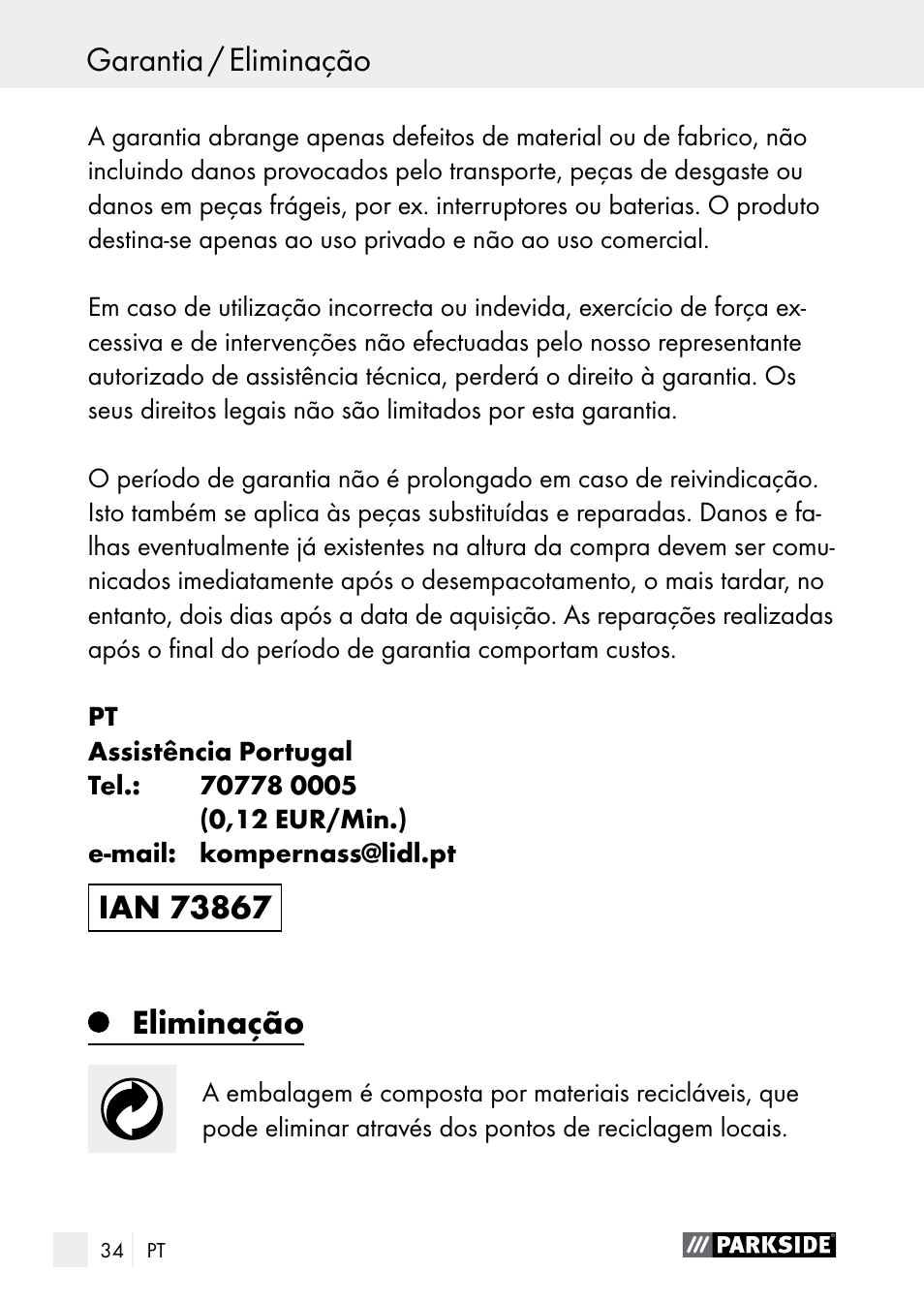 Eliminação | Parkside PGG 15 A1 User Manual | Page 34 / 69