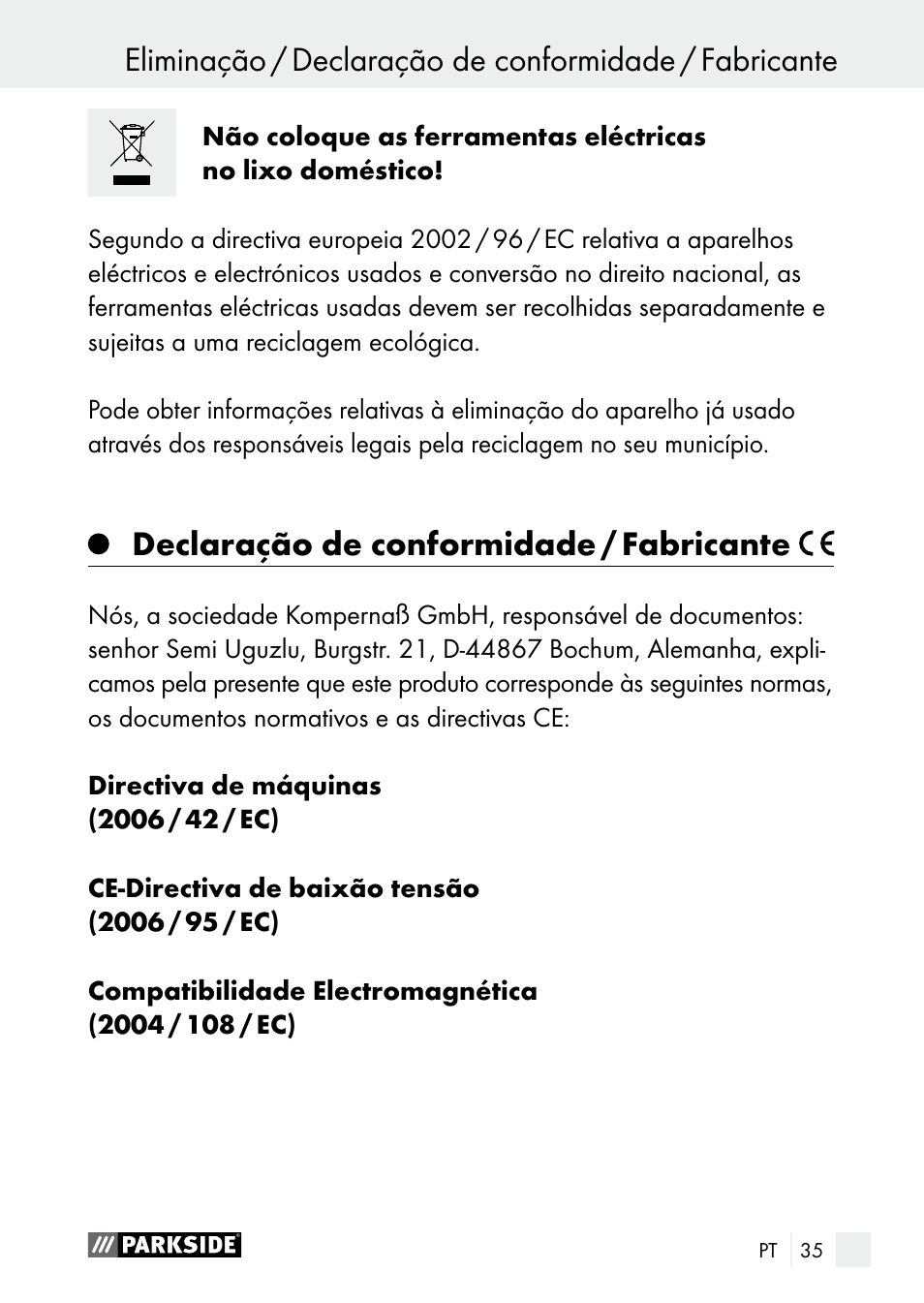 Declaração de conformidade / fabricante, Garantia / eliminação | Parkside PGG 15 A1 User Manual | Page 35 / 69