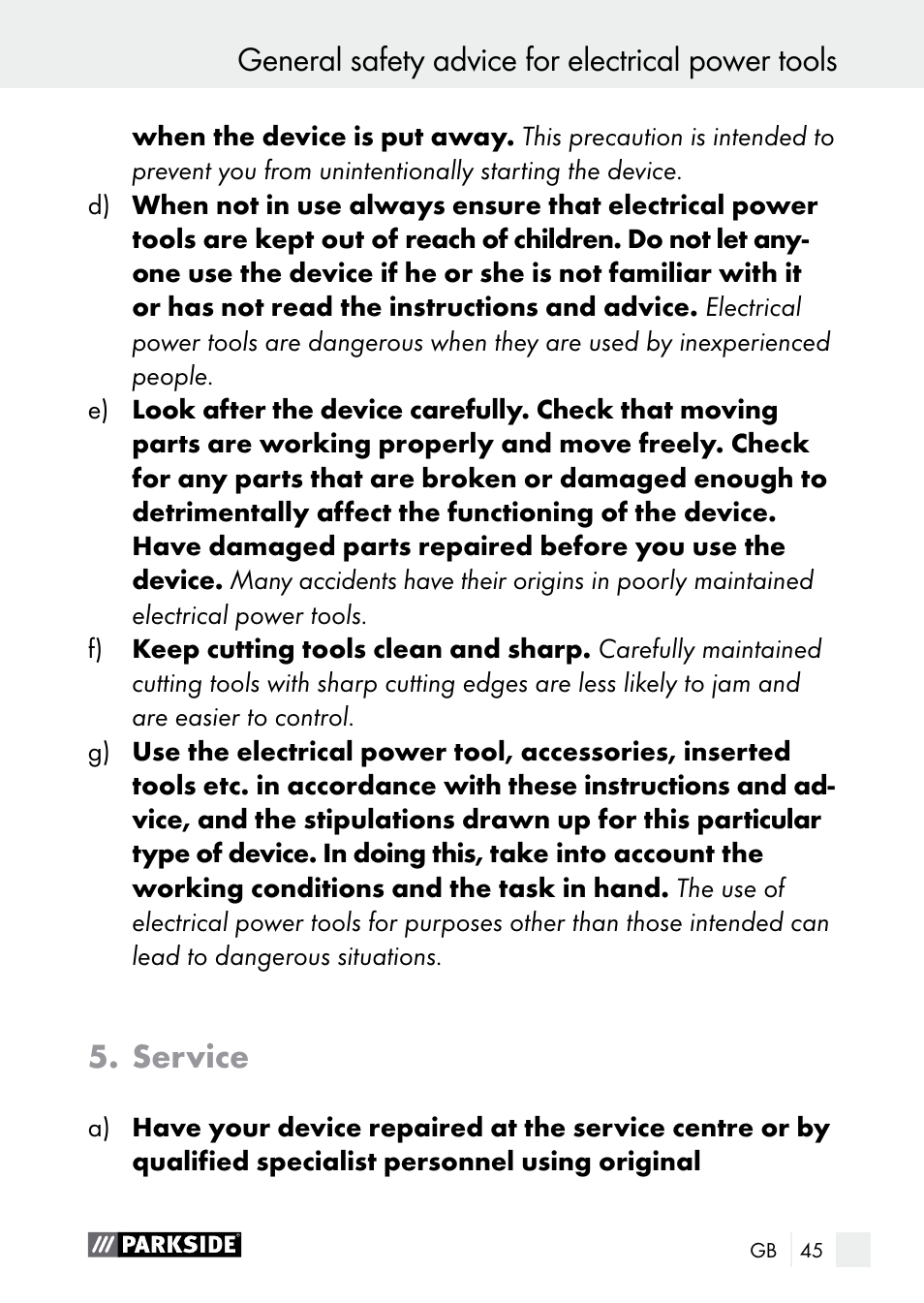 Service, General safety advice for electrical power tools | Parkside PGG 15 A1 User Manual | Page 45 / 69