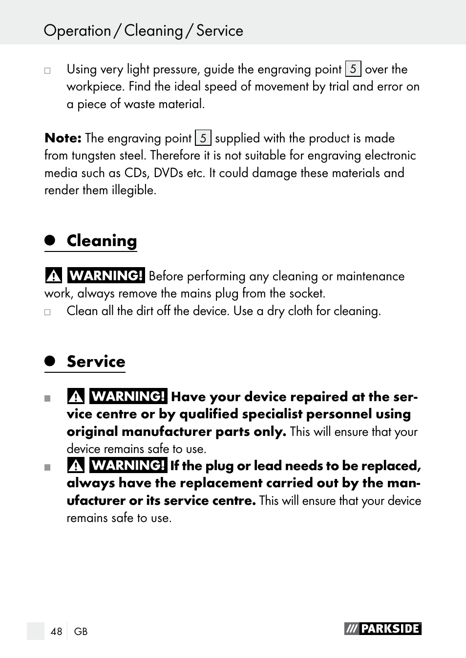 Cleaning, Service, Warranty operation / cleaning / service | Parkside PGG 15 A1 User Manual | Page 48 / 69