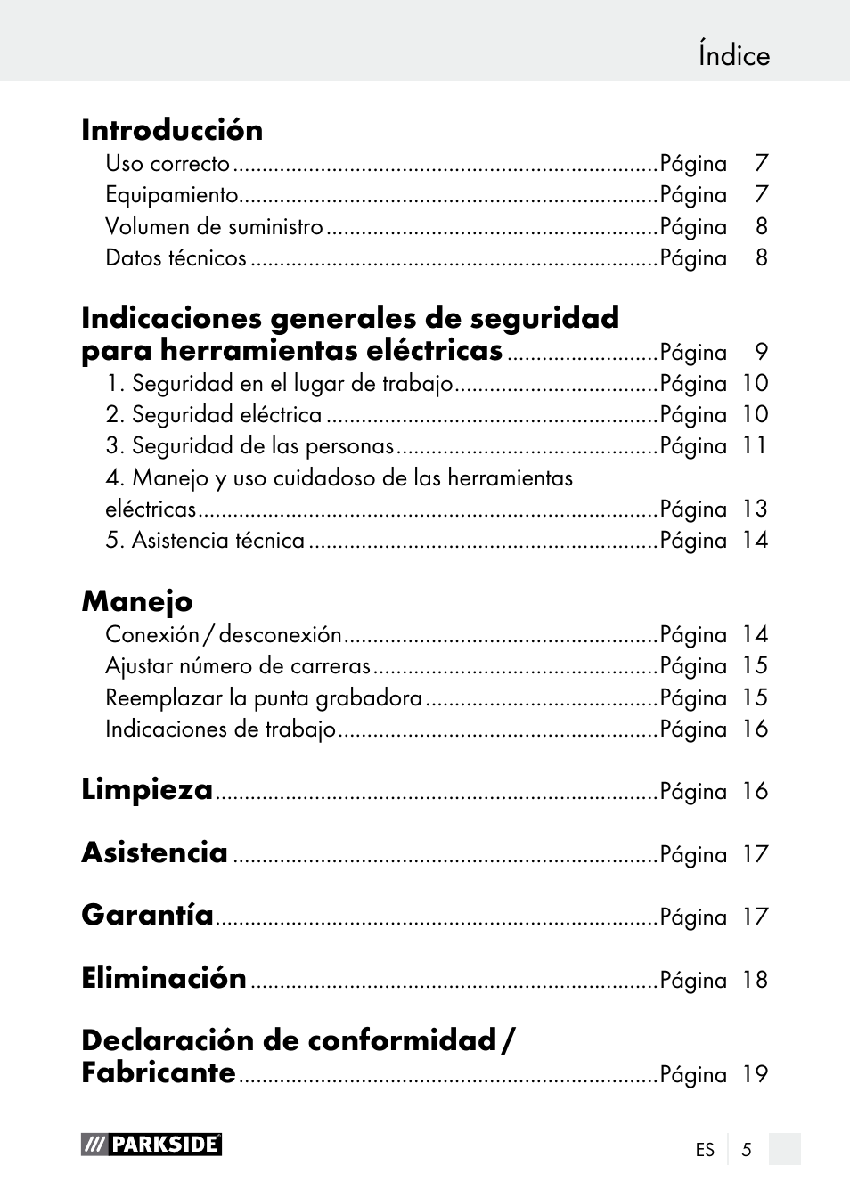 Índice introducción, Manejo, Limpieza | Asistencia, Garantía, Eliminación, Declaración de conformidad / fabricante | Parkside PGG 15 A1 User Manual | Page 5 / 69