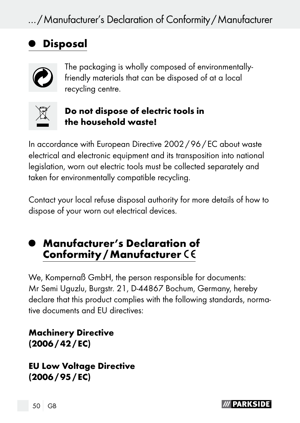 Disposal | Parkside PGG 15 A1 User Manual | Page 50 / 69