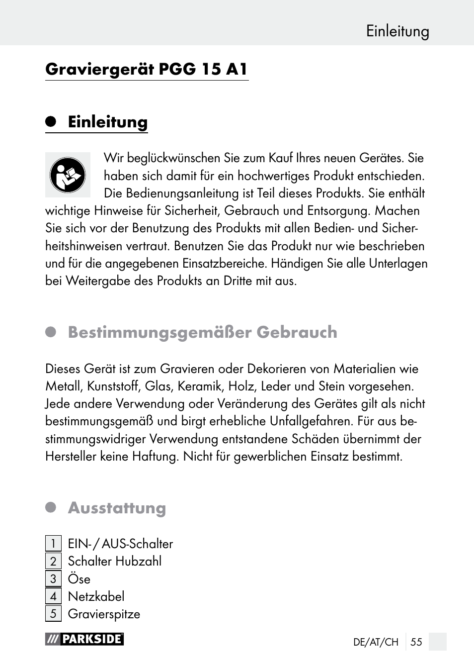 Graviergerät pgg 15 a1, Einleitung, Bestimmungsgemäßer gebrauch | Ausstattung | Parkside PGG 15 A1 User Manual | Page 55 / 69