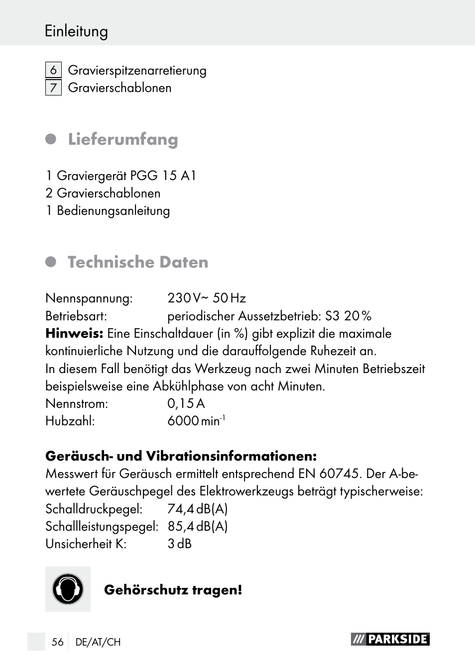 Lieferumfang, Technische daten | Parkside PGG 15 A1 User Manual | Page 56 / 69