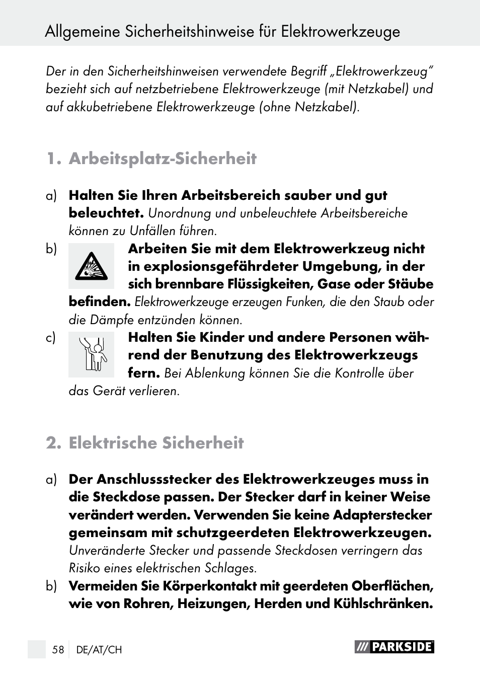 Arbeitsplatz-sicherheit, Elektrische sicherheit | Parkside PGG 15 A1 User Manual | Page 58 / 69