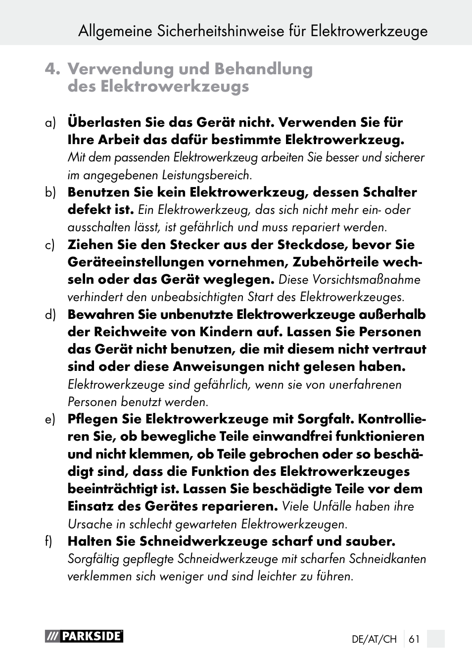 Verwendung und behandlung des elektrowerkzeugs | Parkside PGG 15 A1 User Manual | Page 61 / 69