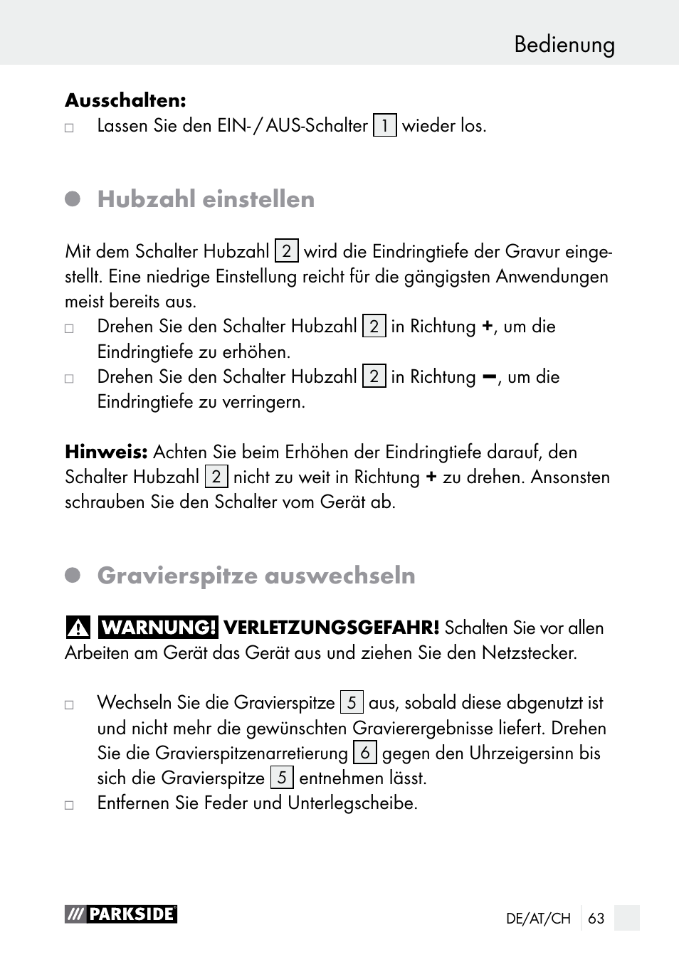 Hubzahl einstellen, Gravierspitze auswechseln | Parkside PGG 15 A1 User Manual | Page 63 / 69