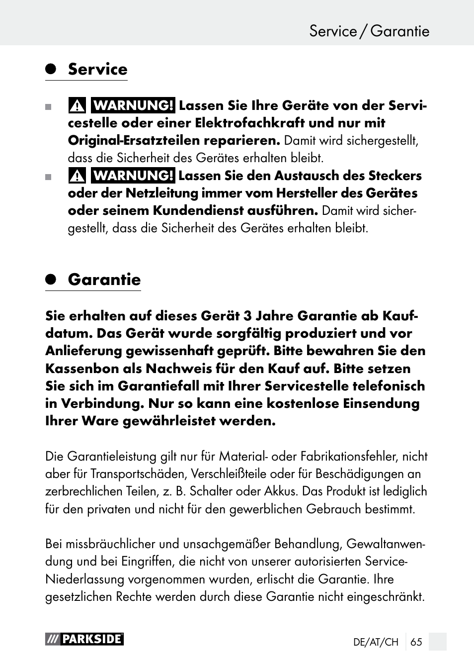 Service, Garantie, Service / garantie bedienung / reinigung | Parkside PGG 15 A1 User Manual | Page 65 / 69