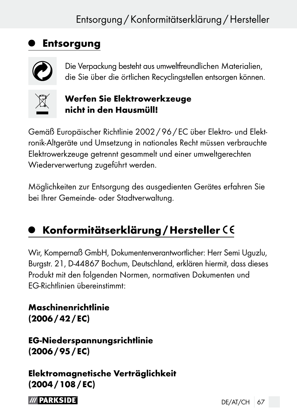 Entsorgung, Konformitätserklärung / hersteller | Parkside PGG 15 A1 User Manual | Page 67 / 69