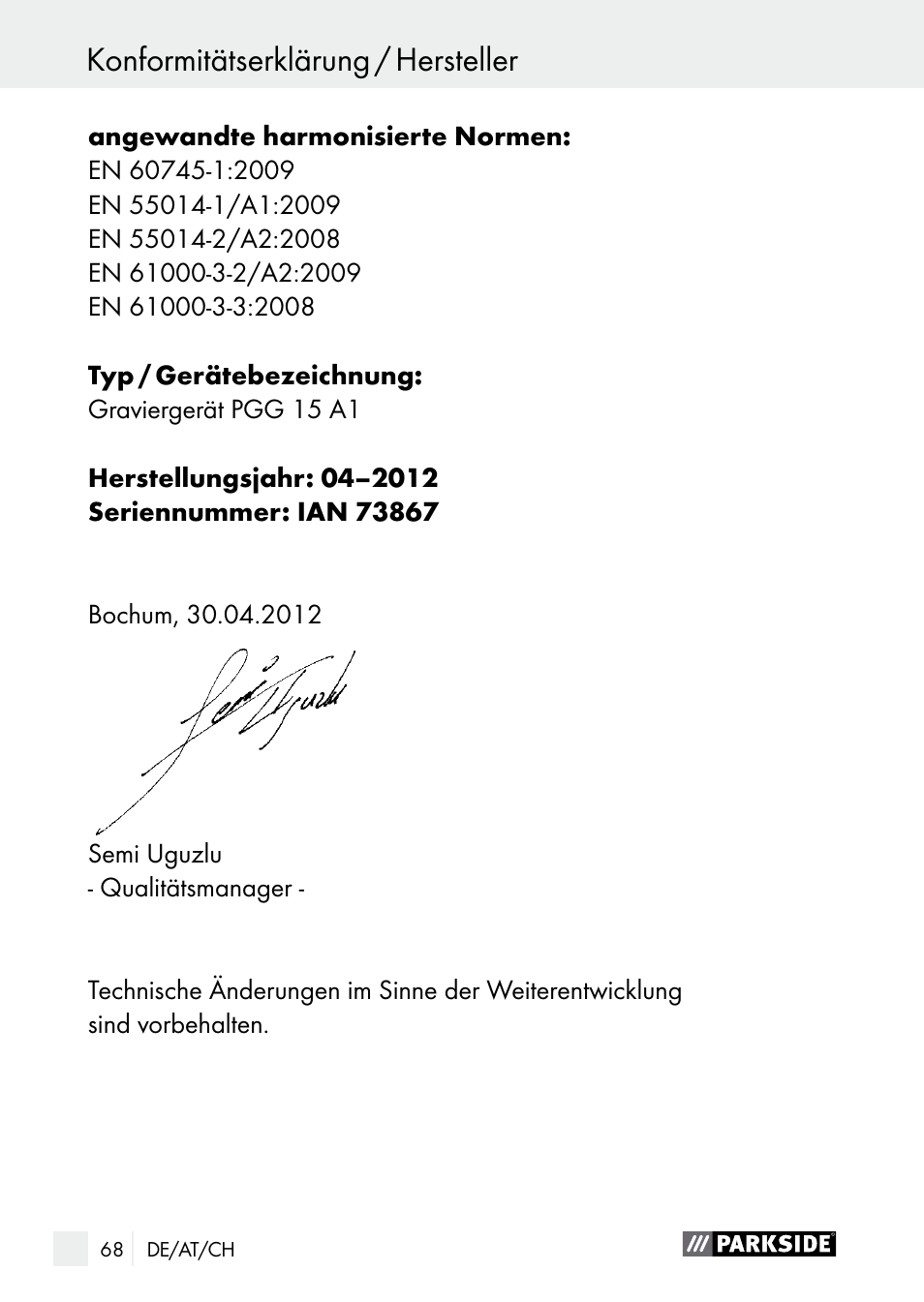 Konformitätserklärung / hersteller | Parkside PGG 15 A1 User Manual | Page 68 / 69