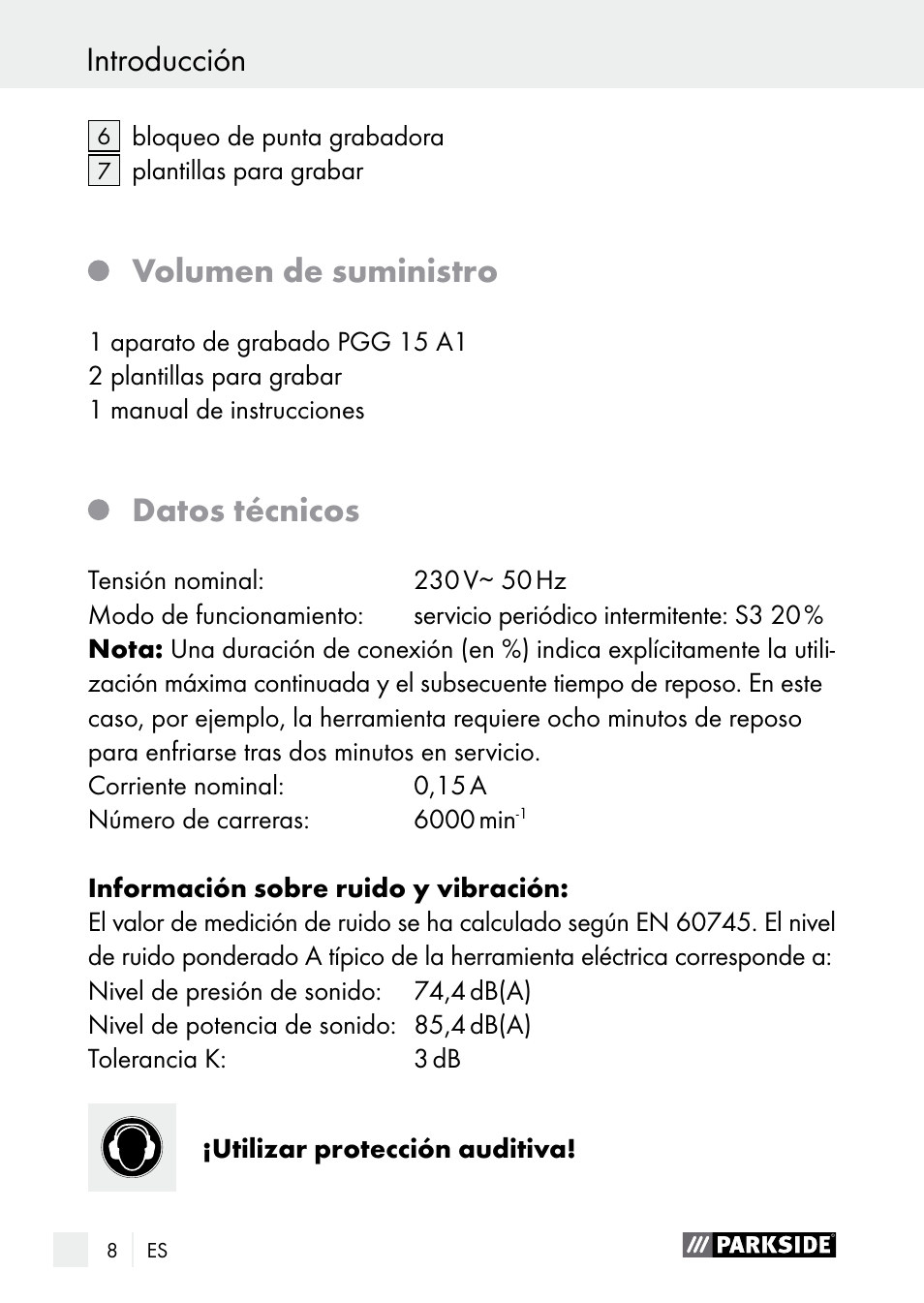 Volumen de suministro, Datos técnicos | Parkside PGG 15 A1 User Manual | Page 8 / 69