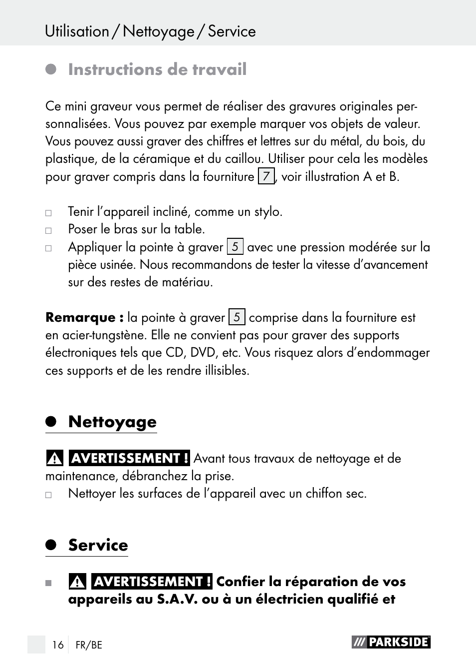 Instructions de travail, Nettoyage, Service | Parkside PGG 15 A1 User Manual | Page 16 / 68