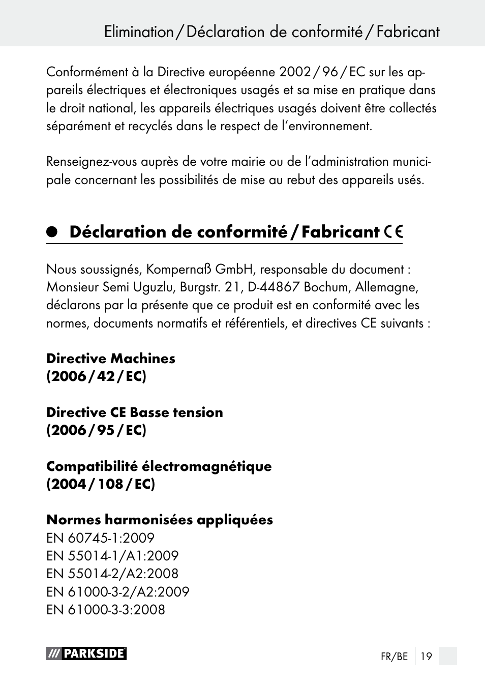 Déclaration de conformité / fabricant, Garantie / elimination | Parkside PGG 15 A1 User Manual | Page 19 / 68