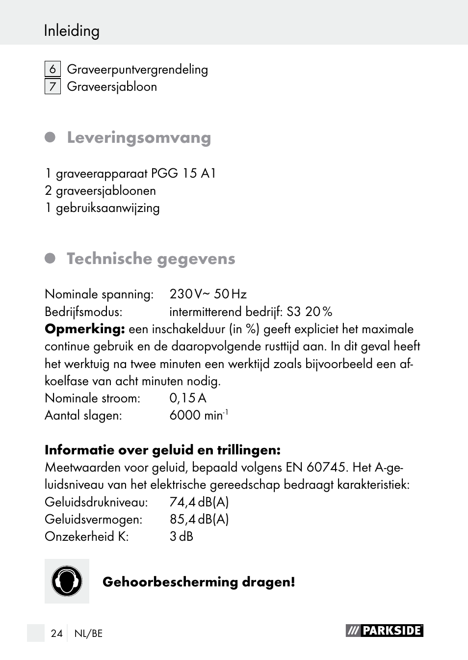 Algemene veiligheidsinstructies voor elektrische, Leveringsomvang, Technische gegevens | Inleiding | Parkside PGG 15 A1 User Manual | Page 24 / 68