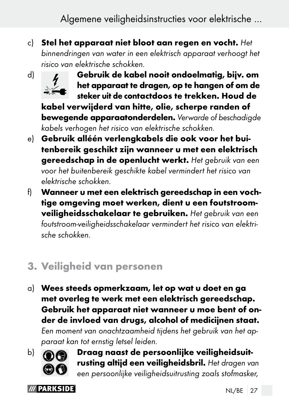 Algemene veiligheidsinstructies voor elektrische, Veiligheid van personen | Parkside PGG 15 A1 User Manual | Page 27 / 68