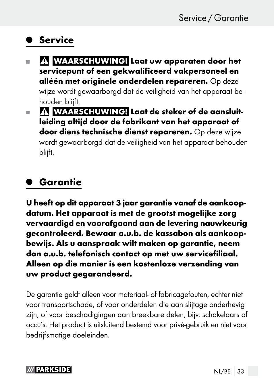 Service, Garantie, Service / garantie bediening / reiniging | Parkside PGG 15 A1 User Manual | Page 33 / 68
