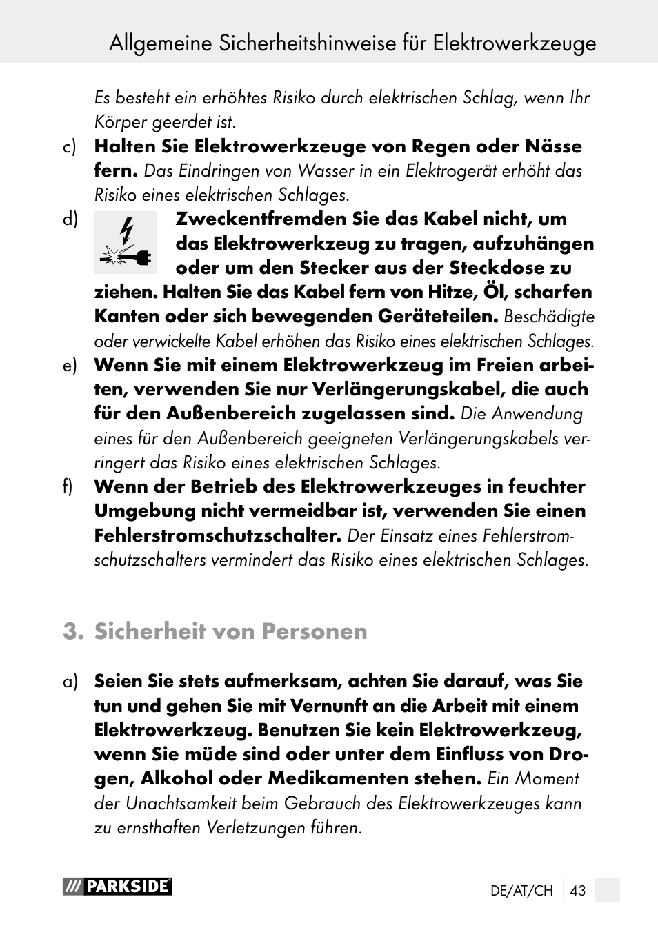 Sicherheit von personen | Parkside PGG 15 A1 User Manual | Page 43 / 68