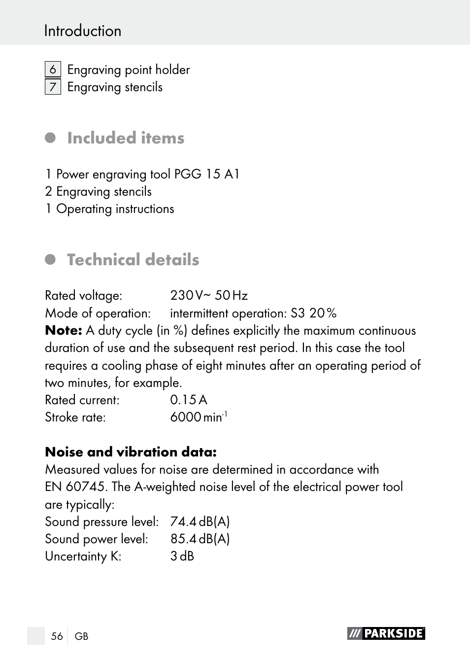 Included items, Technical details | Parkside PGG 15 A1 User Manual | Page 56 / 68