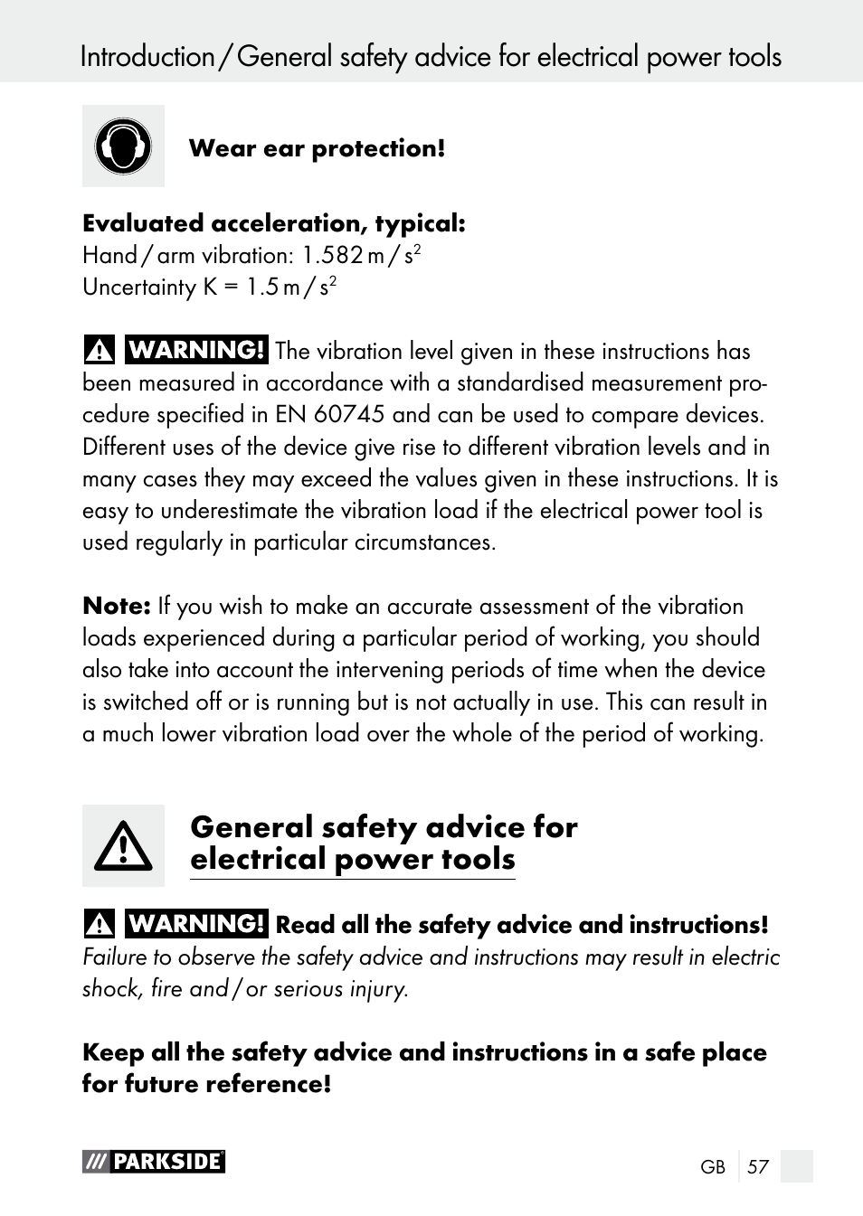 General safety advice for electrical power tools | Parkside PGG 15 A1 User Manual | Page 57 / 68
