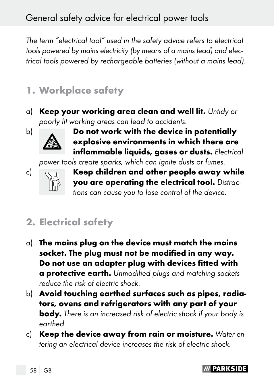 General safety advice for electrical power tools, Workplace safety, Electrical safety | Parkside PGG 15 A1 User Manual | Page 58 / 68