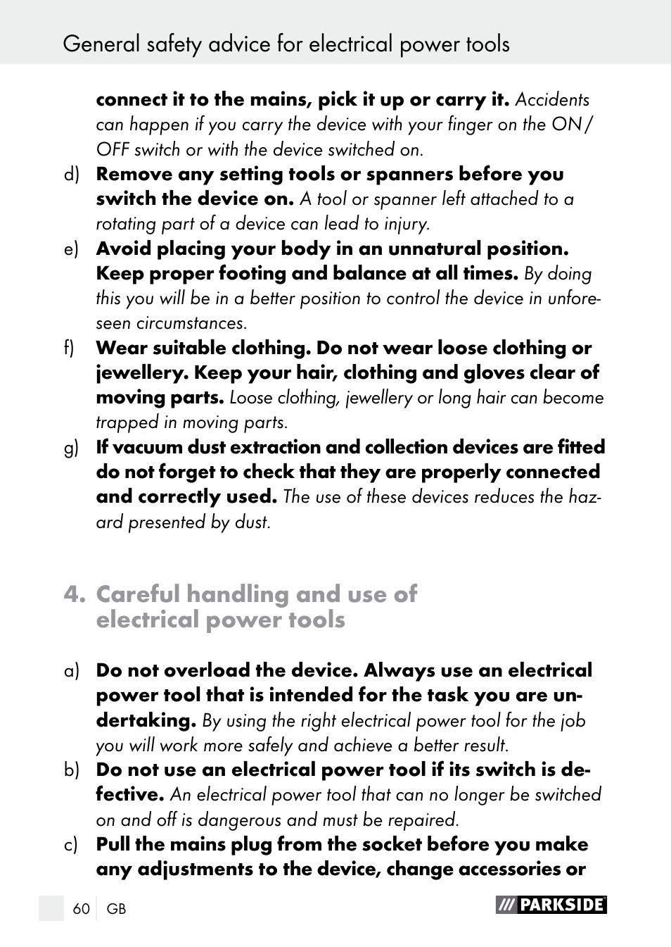 General safety advice for electrical power tools, Careful handling and use of electrical power tools | Parkside PGG 15 A1 User Manual | Page 60 / 68