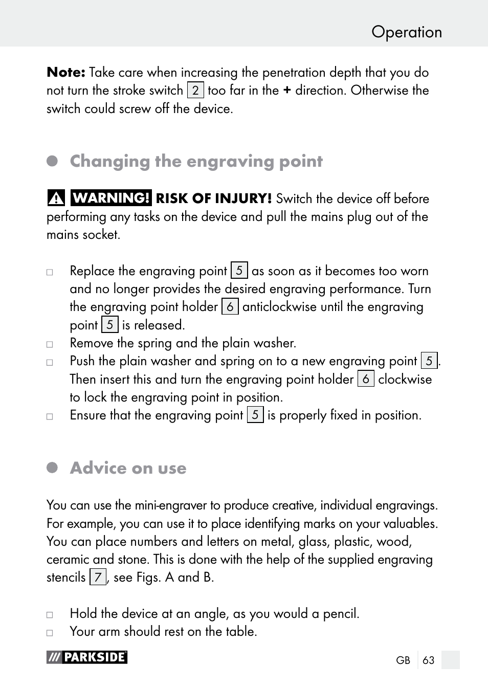 Changing the engraving point, Advice on use | Parkside PGG 15 A1 User Manual | Page 63 / 68