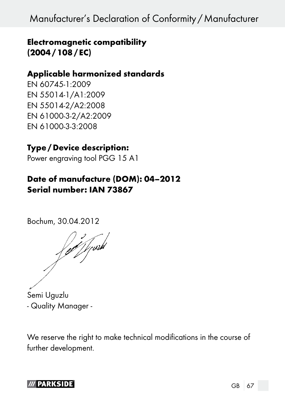 Parkside PGG 15 A1 User Manual | Page 67 / 68