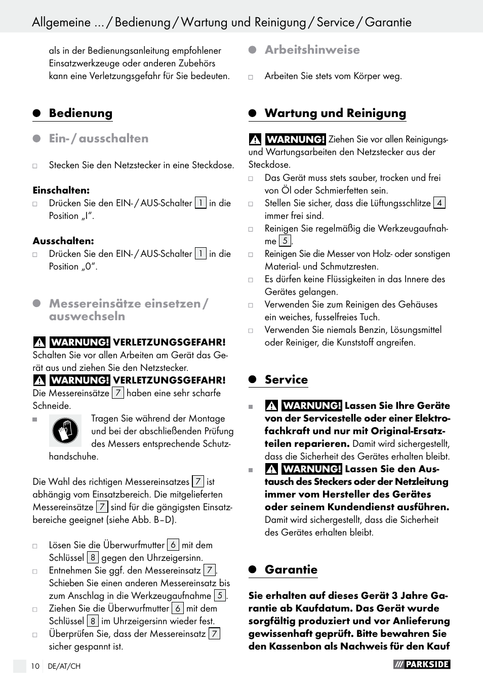 Bedienung, Ein- / ausschalten, Messereinsätze einsetzen / auswechseln | Arbeitshinweise, Wartung und reinigung, Service, Garantie | Parkside PSG 50 B2 User Manual | Page 10 / 36