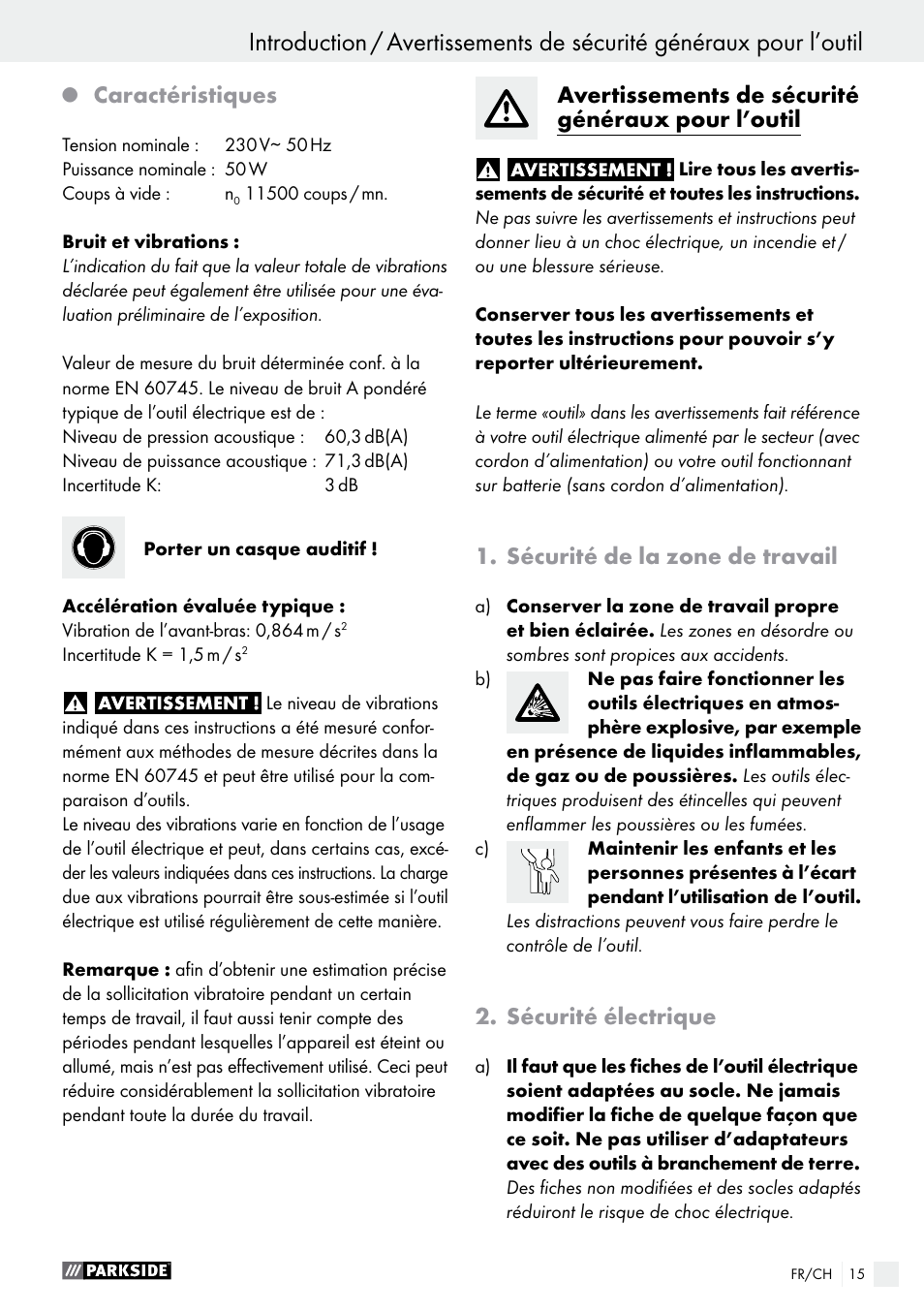 Caractéristiques, Avertissements de sécurité généraux pour l’outil, Sécurité de la zone de travail | Sécurité électrique | Parkside PSG 50 B2 User Manual | Page 15 / 36