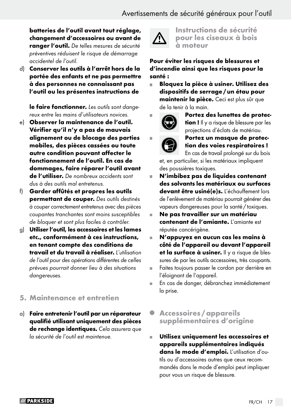 Avertissements de sécurité généraux pour l’outil, Maintenance et entretien, Accessoires / appareils supplémentaires d’origine | Parkside PSG 50 B2 User Manual | Page 17 / 36