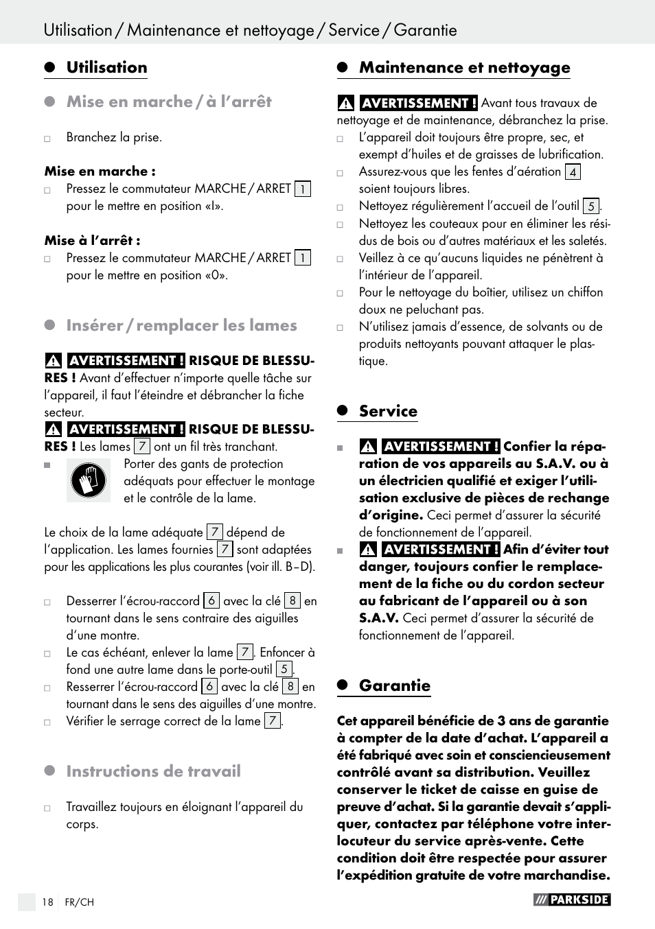 Utilisation, Mise en marche / à l’arrêt, Insérer / remplacer les lames | Instructions de travail, Maintenance et nettoyage, Service, Garantie | Parkside PSG 50 B2 User Manual | Page 18 / 36