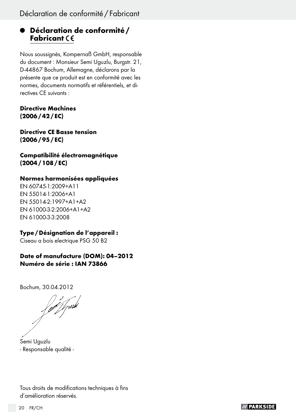 Déclaration de conformité / fabricant, Indice | Parkside PSG 50 B2 User Manual | Page 20 / 36