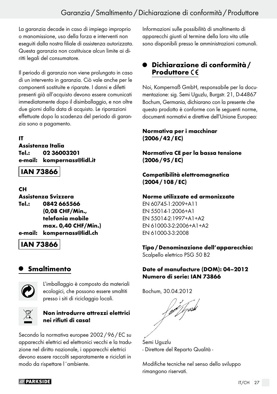 Smaltimento, Dichiarazione di conformità / produttore | Parkside PSG 50 B2 User Manual | Page 27 / 36